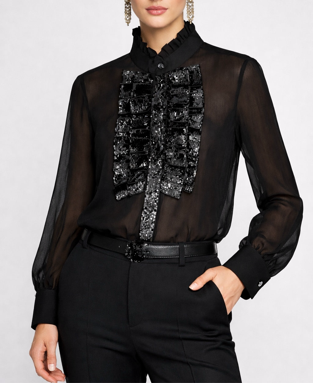 Saint Laurent Sheer Chiffon Blouse with Sequin Bib
