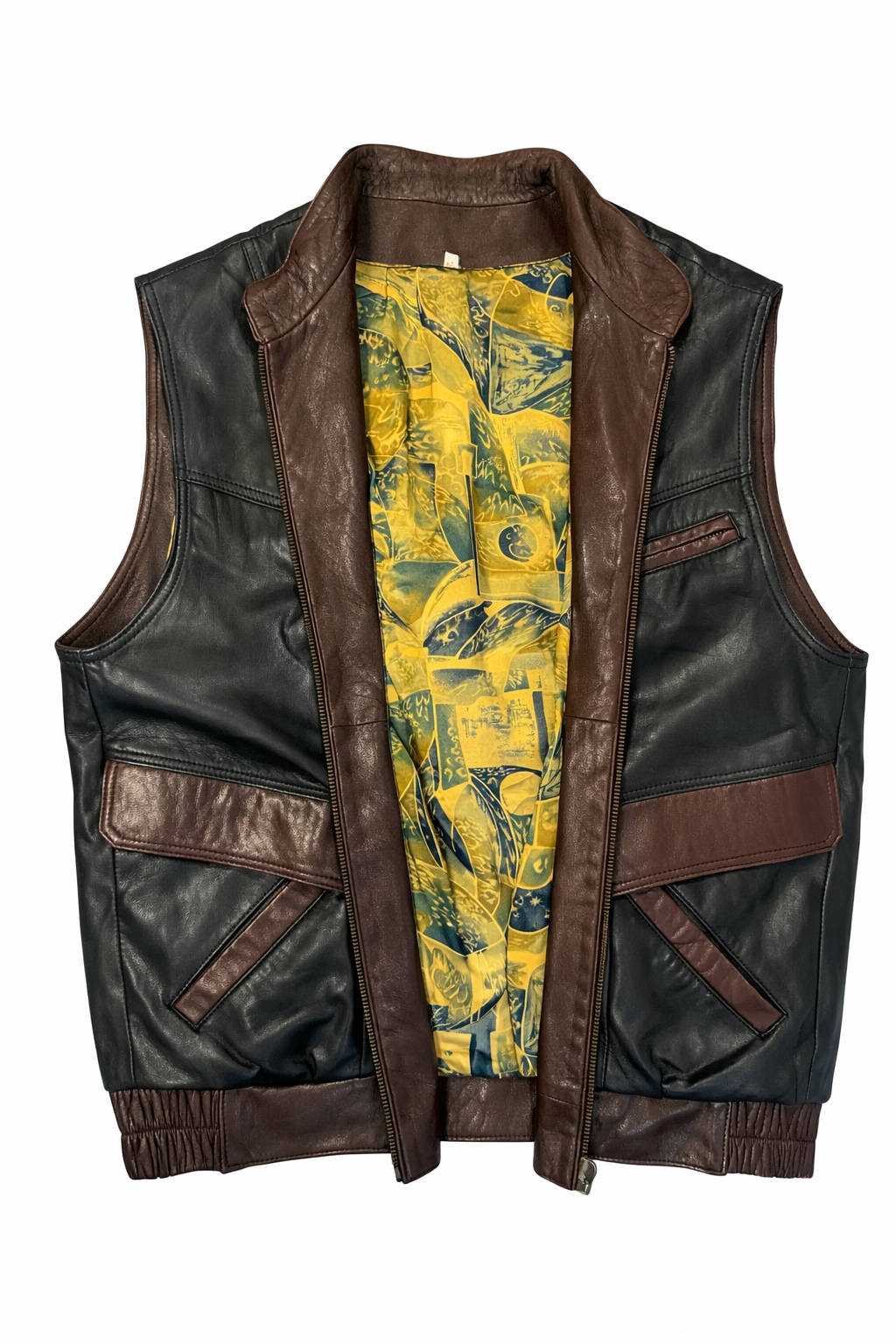 Vintage Two-Tone Leather Vest with Graphic Statement Lining