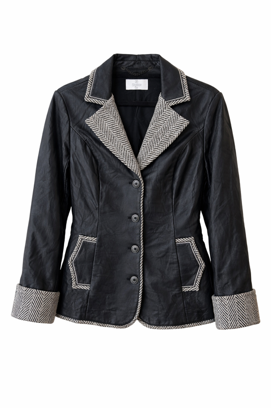 Vintage Black Leather Blazer with Herringbone Tweed Trim
