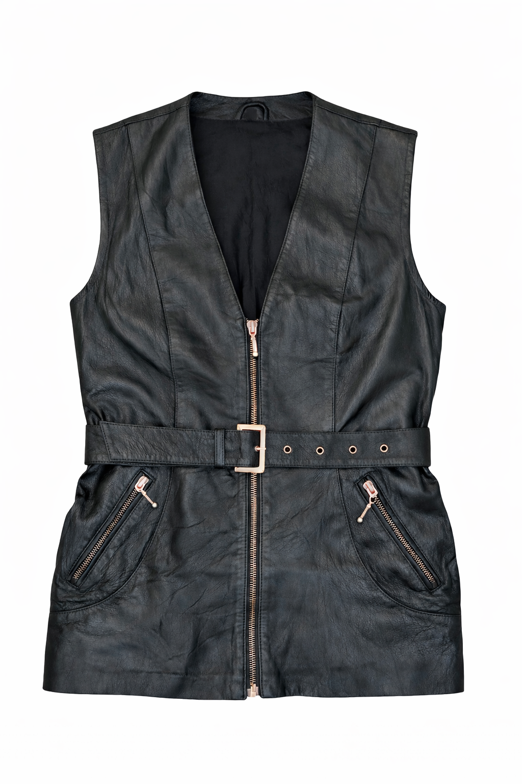 Vintage Black Leather Belted Zip-Up Vest Dress