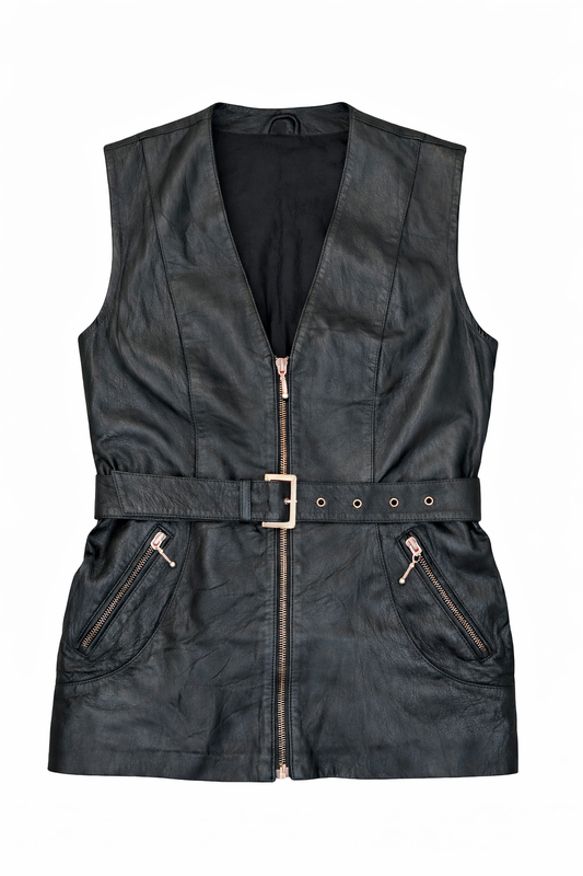 Vintage Black Leather Belted Zip-Up Vest Dress