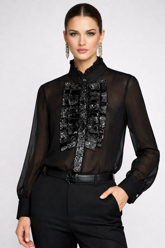 Saint Laurent Sheer Chiffon Blouse with Sequin Bib